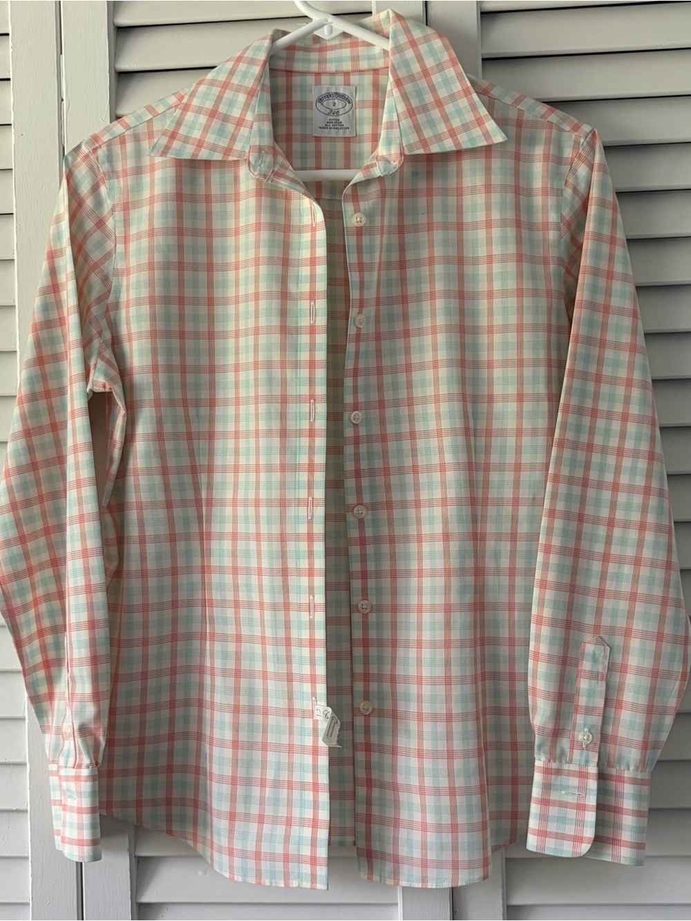 Brooks Brothers Plaid Dress Shirt in Mint Green & Coral